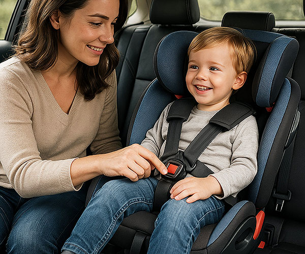 Erwachsene Person schnallt ein Kleinkind fachgerecht in einem Kindersitz im Auto an.
