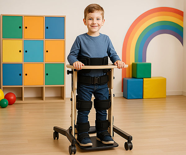 Kind steht gesichert in einer Stehhilfe zur Förderung von Haltung und Mobilität