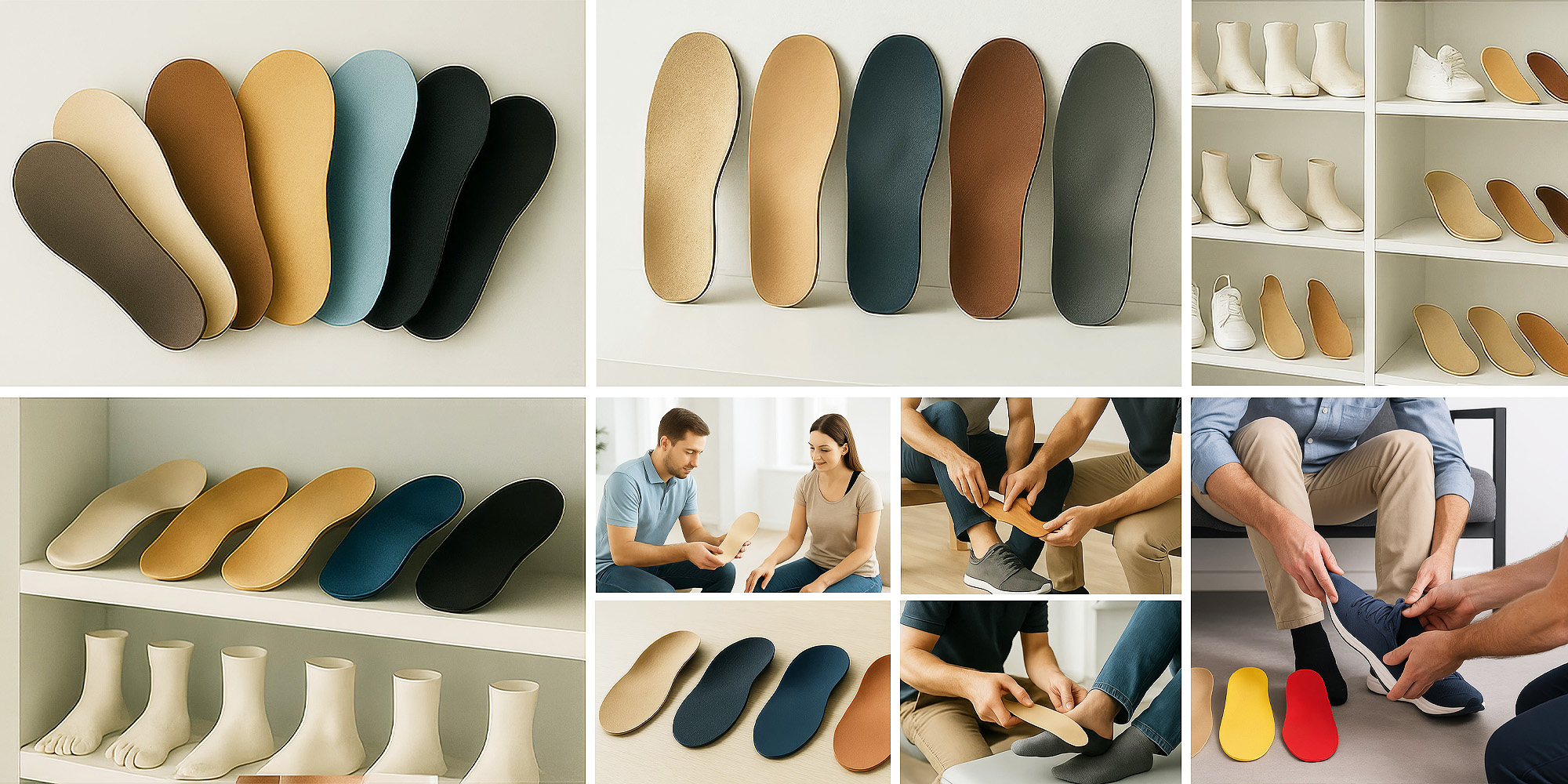 Verschiedene orthopädische Schuheinlagen in mehreren Farben nebeneinander auf neutralem Hintergrund