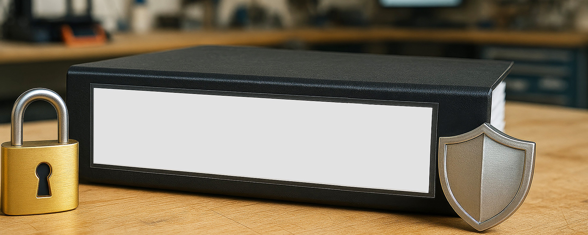 Symbolische Darstellung von Datenschutz, ein Aktenordner steht neben einem Vorhängeschloss und einem Schildsymbol auf einem Tisch