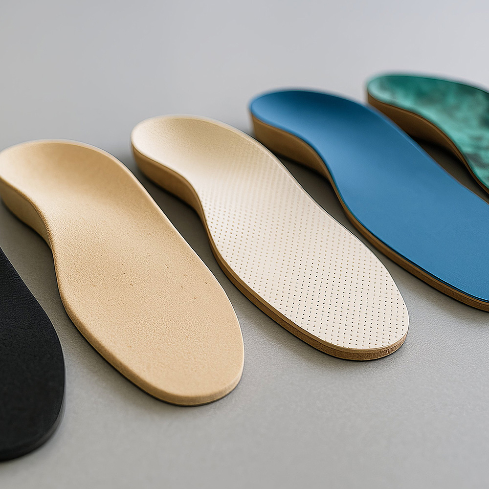 Detailansicht mehrerer orthopädischer Schuheinlagen in unterschiedlichen Farben und Materialien