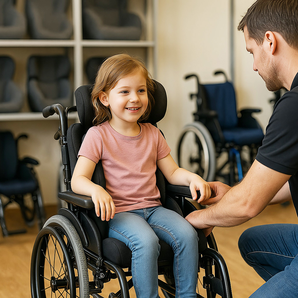 Kleines Kind sitzt in einem Rollstuhl, eine erwachsene Person passt die Armlehne in einem Innenraum an