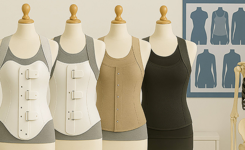 Reihe unterschiedlicher orthopädischer Korsetts auf Schneiderpuppen in einem Ausstellungsraum
