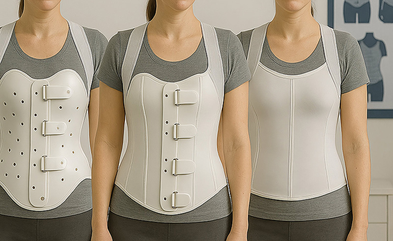 Drei Frauen tragen unterschiedliche orthopädische Korsetts zur Unterstützung und Stabilisierung des Rumpfes