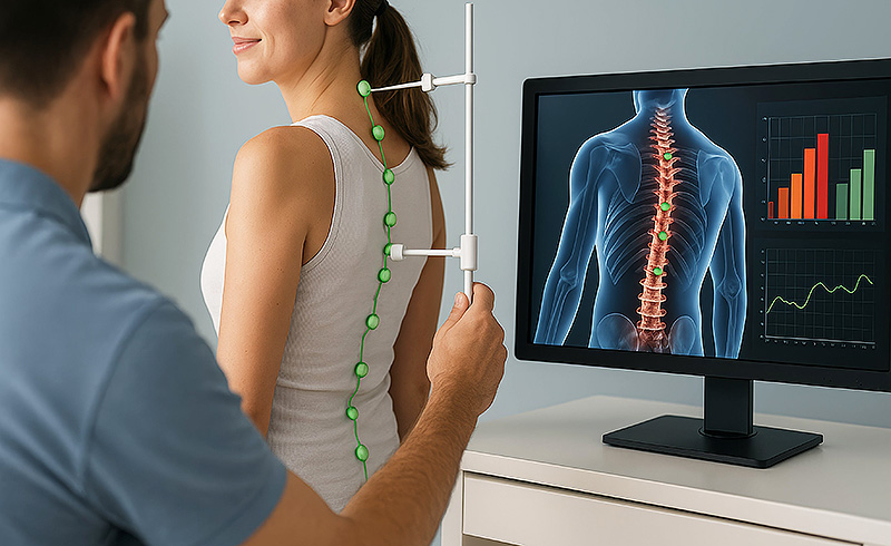 Rückenvermessung einer Frau mit Messstab entlang der Wirbelsäule, Auswertung der Wirbelsäulenform auf einem Monitor